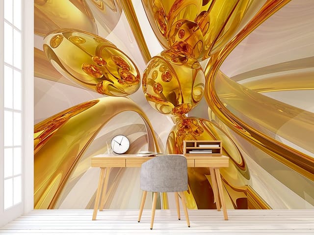 Fototapeta z abstrakcyjnymi złotymi formami przestrzennymi i refleksami świetlnymi