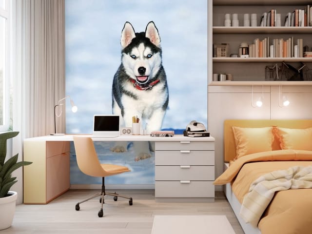 Fototapeta psy – husky z niebieskimi oczami i czerwoną obrożą na śniegu