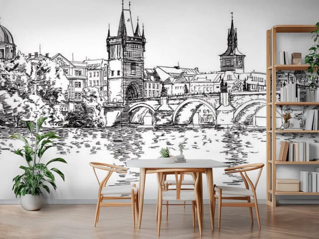 Fototapeta Most i zabytkowe budynki nad rzeką (mpn: FT-1570) Fototapeta Ilustracje miast – łukowaty most nad rzeką z zabytkowymi budynkami