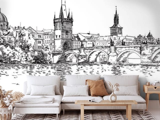 Fototapeta Most i zabytkowe budynki nad rzeką (mpn: FT-1570) Fototapeta Ilustracje miast – łukowaty most nad rzeką z zabytkowymi budynkami