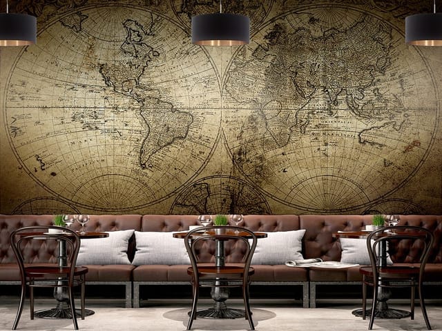 Fototapeta przedstawiająca starą mapę świata z kontynentami i ozdobnymi elementami