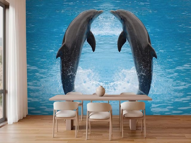 Fototapeta Delfiny – dwa delfiny skaczące w błękitnej wodzie