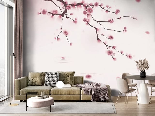 Fototapeta Sakura – gałąź drzewa z kwiatami na jasnym tle