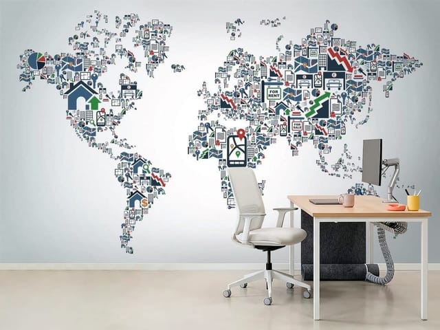 Fototapeta Mapa świata z ikonami na jasnym tle (mpn: FT-1764) Fototapeta typograficzne mapy – mapa świata z ikonami