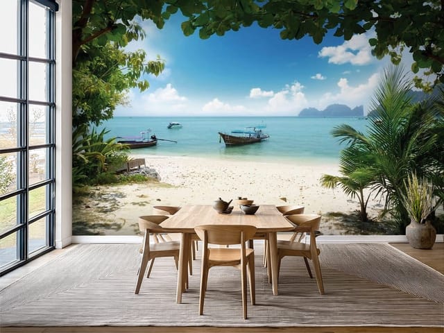 Fototapeta Morze i Ocean z plażą, łodziami i palmami