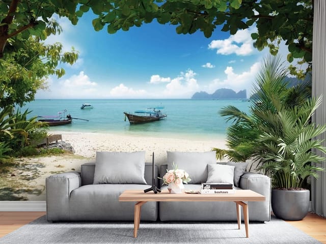 Fototapeta Morze i Ocean z plażą, łodziami i palmami