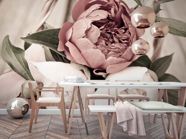 Fototapeta z bukietem różowych piwonii na drewnianym tle