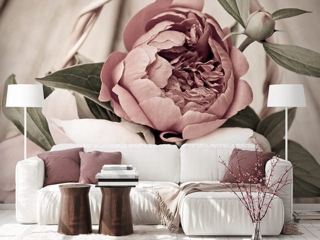 Fototapeta z bukietem różowych piwonii na drewnianym tle