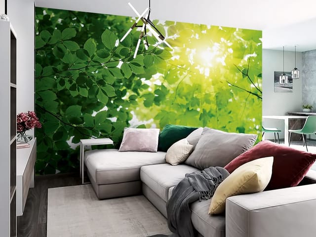 Fototapeta Las o świcie z zielonymi liśćmi (kod: 1832) Fototapeta przedstawiająca zielone liście na gałęziach z promieniami słońca.