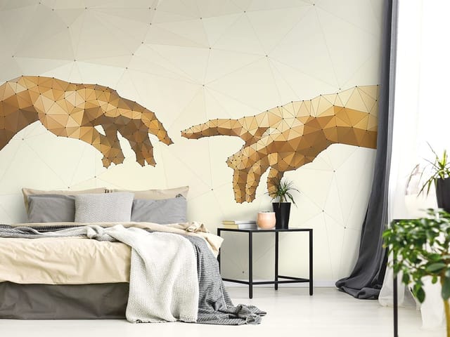 Fototapeta z geometrycznymi dłońmi na jasnym tle z trójkątnymi wzorami