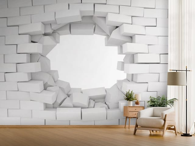 Fototapeta 3D dziura w ścianie – biała ceglana ściana z dużą dziurą