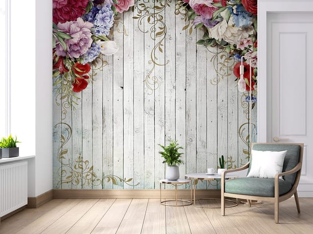 Fototapeta z kwiatami na tle drewnianych desek i złotymi ornamentami