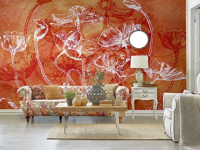 Fototapeta z białymi konturami kwiatów maku na czerwonym tle z teksturą płótna