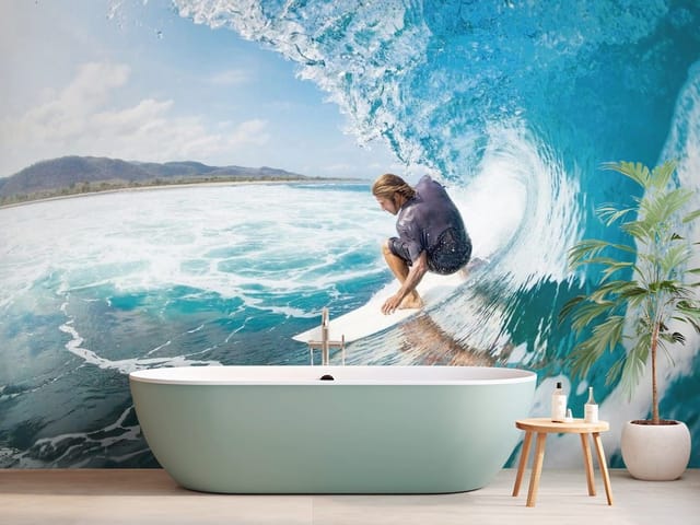 Fototapeta Morze i Ocean – surfer na desce na dużej fali