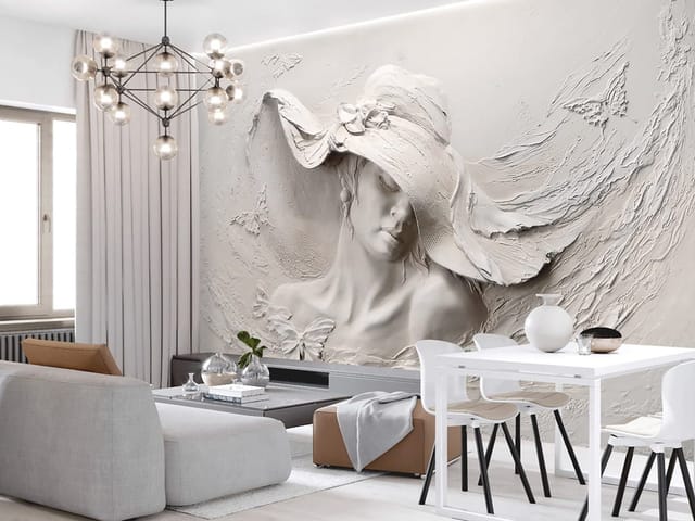 Fototapeta z reliefem kobiety w kapeluszu z kwiatem i falistą teksturą