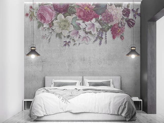 Fototapeta z bukietem egzotycznych kwiatów na betonowym tle