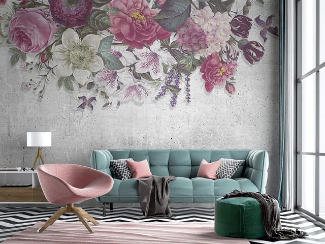 Fototapeta z bukietem egzotycznych kwiatów na betonowym tle