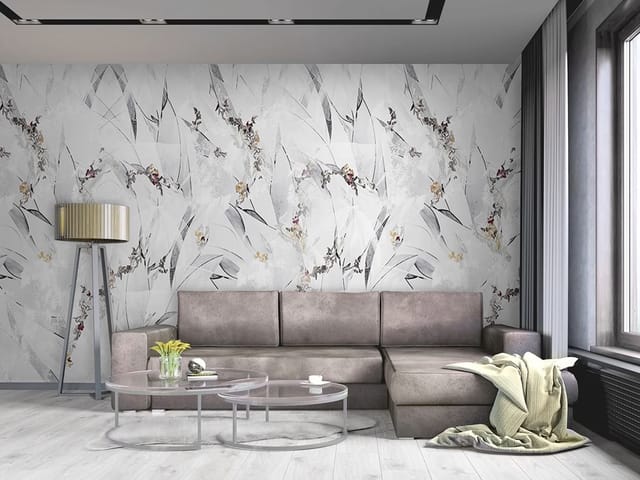 Fototapeta z abstrakcyjnymi wzorami liści i delikatnymi kwiatami