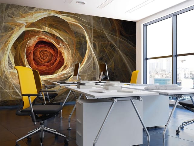 Fototapeta z abstrakcyjną spiralą w odcieniach żółci i brązu na ciemnym tle