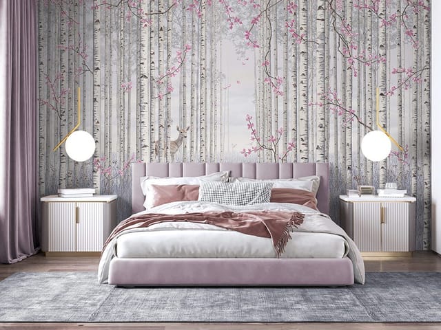 Fototapeta Las brzozowy z różowymi kwiatami