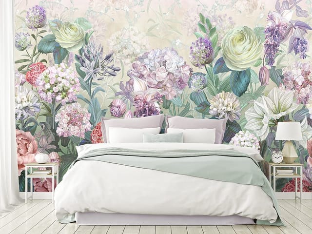 Fototapeta Kwiaty polne w pastelowych barwach (kod: 21579) Fototapeta z kompozycją różnych kwiatów w pastelowych kolorach i zielonym tłem