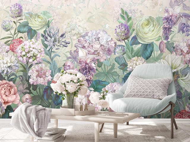 Fototapeta Kwiaty polne w pastelowych barwach (kod: 21579) Fototapeta z kompozycją różnych kwiatów w pastelowych kolorach i zielonym tłem