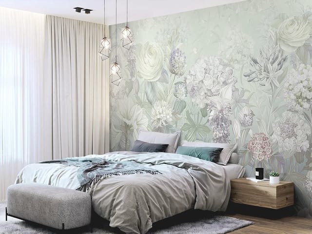 Fototapeta z pastelowymi kwiatami polnymi i liśćmi w tle