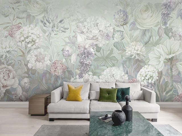 Fototapeta z pastelowymi kwiatami polnymi i liśćmi w tle