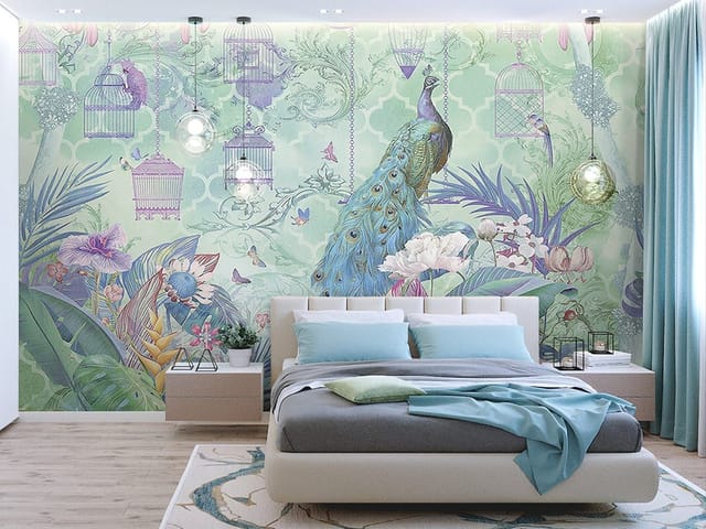 Fototapeta z pawi ogonem wśród tropikalnych roślin i palmowych liści