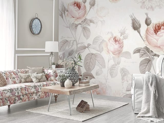 Fototapeta z różowymi kwiatami róży na gałązkach z delikatnymi liśćmi