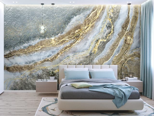 Fototapeta z abstrakcyjnymi wzorami marmuru, faliste linie i złote przebłyski