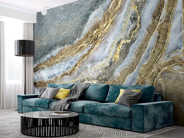 Fototapeta z abstrakcyjnymi wzorami marmuru, faliste linie i złote przebłyski