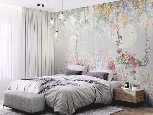 Fototapeta z gęstą roślinnością i różnorodnymi kwiatami oraz drzewami