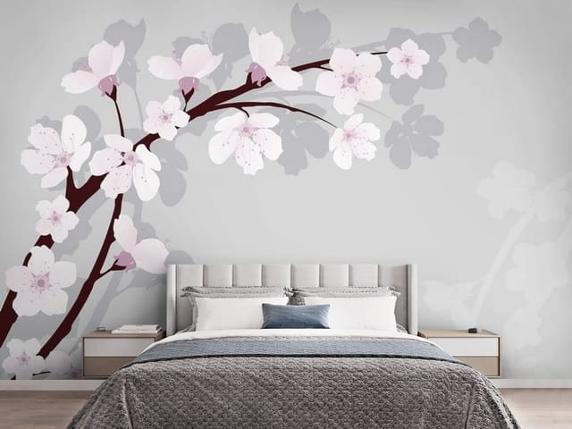 Fototapeta Sakura – gałąź z kwiatami wiśni na szarym tle