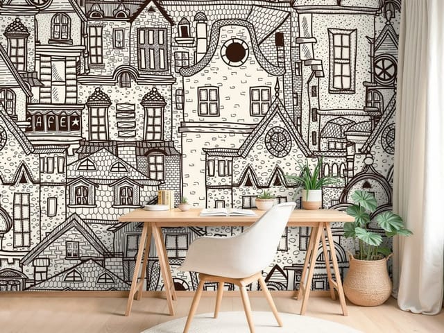 Fototapeta Ilustracje miast – skomplikowane dachy i fasady