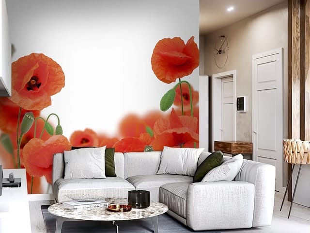 Fototapeta z czerwonymi makami na białym tle, zielone łodygi