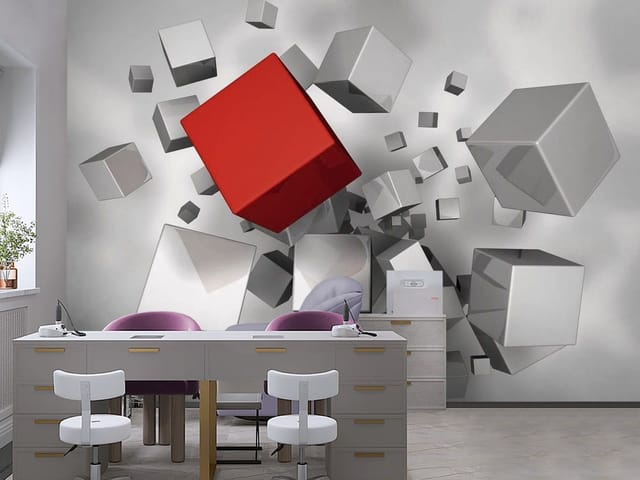 Fototapeta 3D formy geometryczne – czerwony sześcian wśród szarych