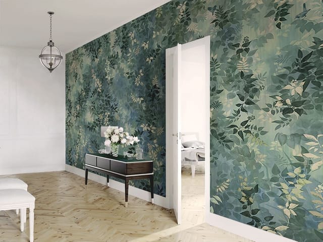 Fototapeta z gęstą zieloną roślinnością i różnorodnymi liśćmi