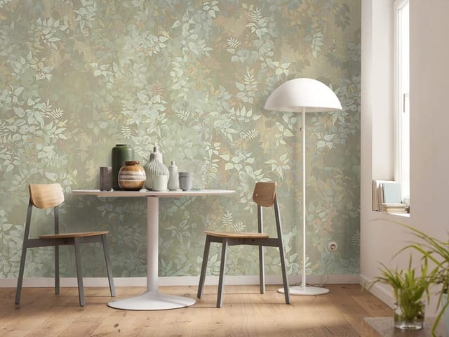 Fototapeta z gęstymi liśćmi w różnych odcieniach zieleni na tle w naturalnych barwach