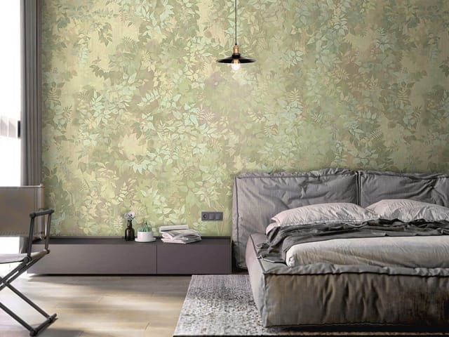 Fototapeta z gęstymi liśćmi i pnączami w pastelowych odcieniach