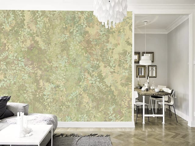 Fototapeta z gęstymi liśćmi i pnączami w pastelowych odcieniach