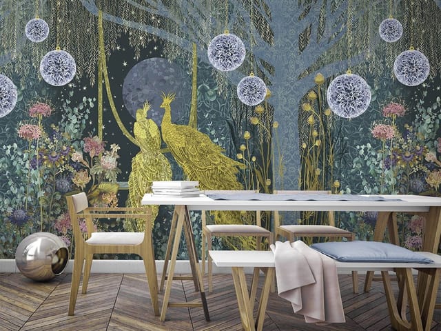 Fototapeta z dwoma złotymi pawiami na huśtawce wśród nocnego nieba i roślinności