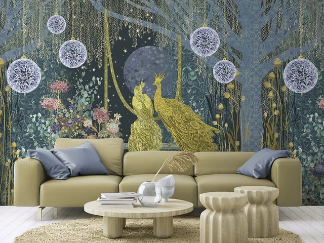 Fototapeta z dwoma złotymi pawiami na huśtawce wśród nocnego nieba i roślinności