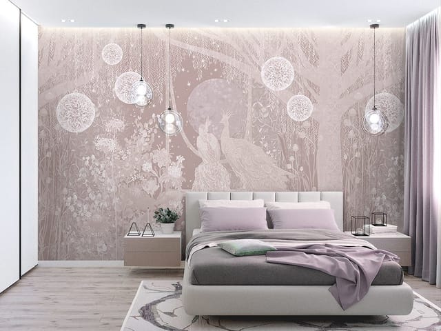 Fototapeta z dwoma pawiami na gałęzi, drzewa, kwiaty, kule i księżyc