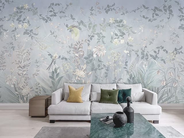 Fototapeta z różnorodnymi kwiatami i roślinami na jasnym tle