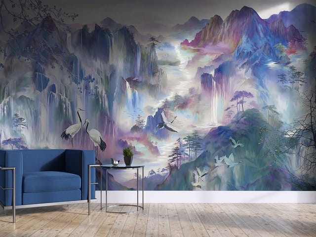 Fototapeta z żurawiami na skale, góry i wodospady w tle