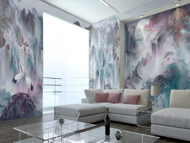 Fototapeta z żurawiami na skale, wodospady i góry w tle