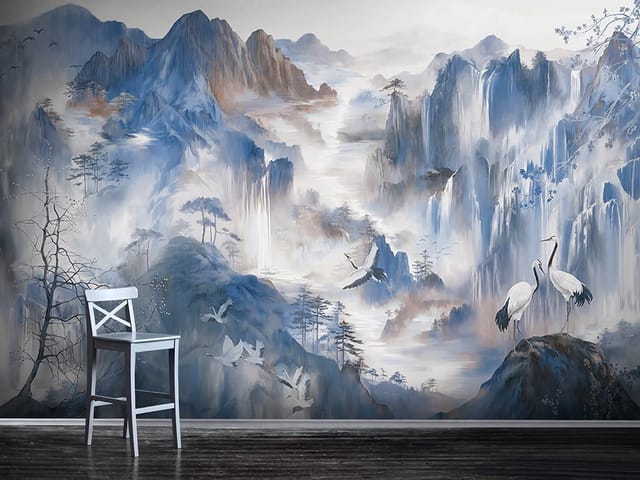 Fototapeta z dwoma żurawiami na skale, góry i wodospady w tle