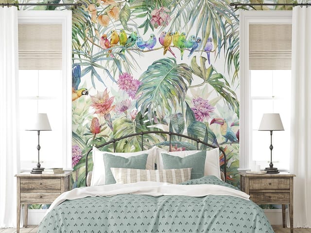 Fototapeta z kolorowymi ptakami na gałęzi wśród tropikalnej roślinności