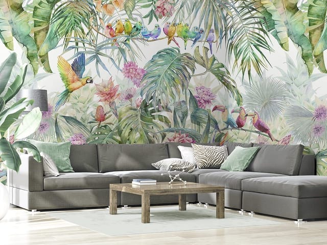 Fototapeta z kolorowymi ptakami na gałęzi wśród tropikalnej roślinności